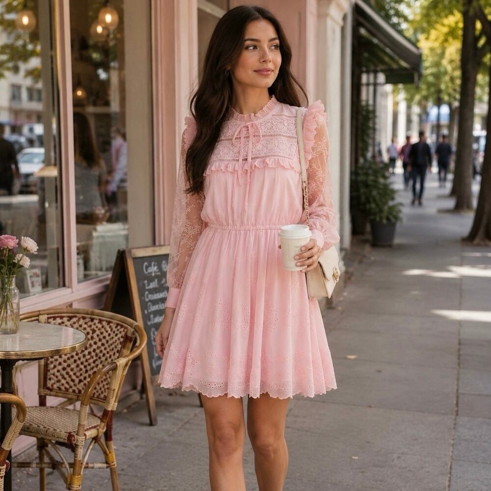 Self-Portrait Pink Broderie Chiffon Mini Dress size 6 Guipure Lace